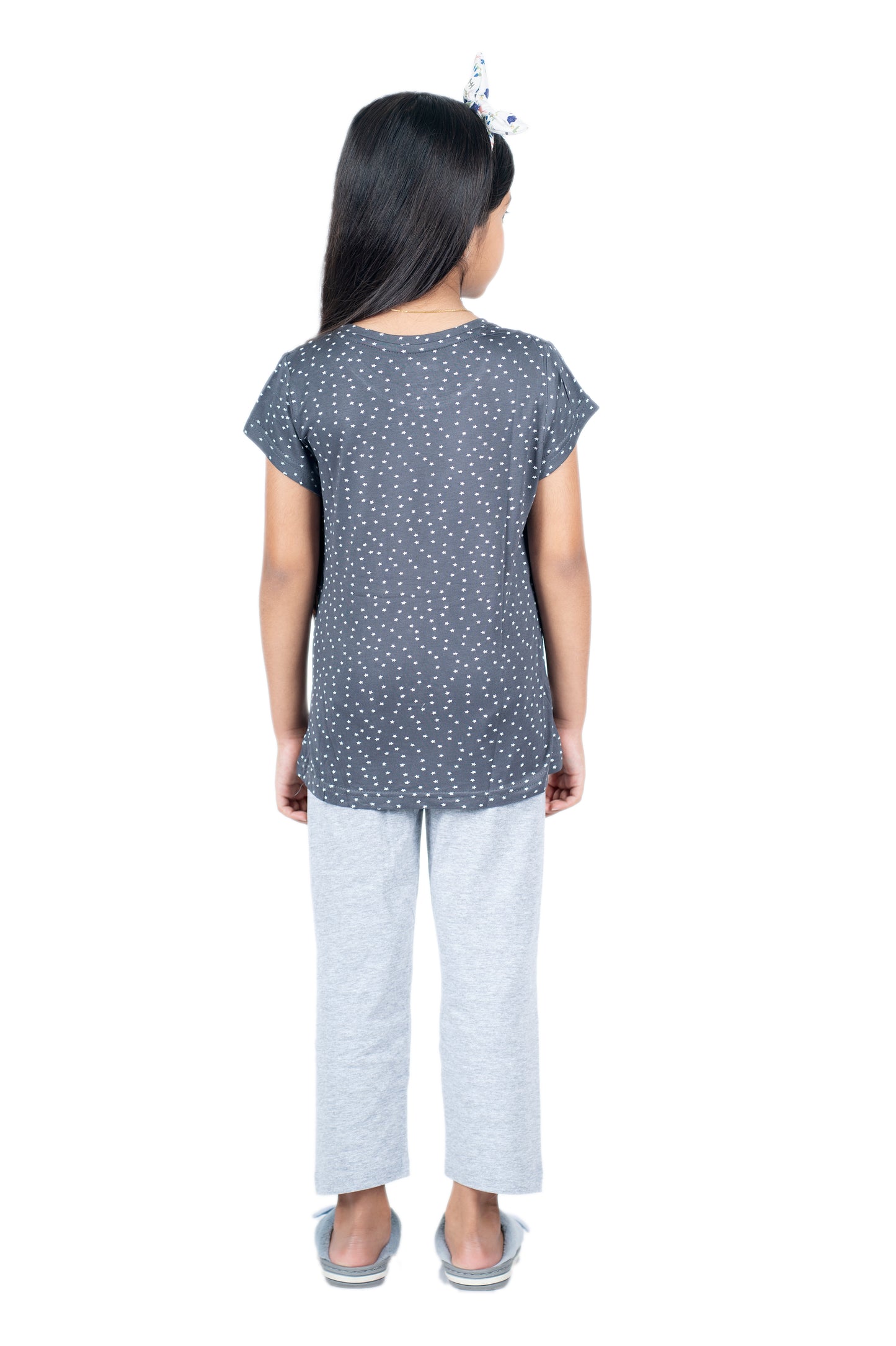 Pyjama Sets for girls in Carbon grey printed T shirt and grey Pyjama