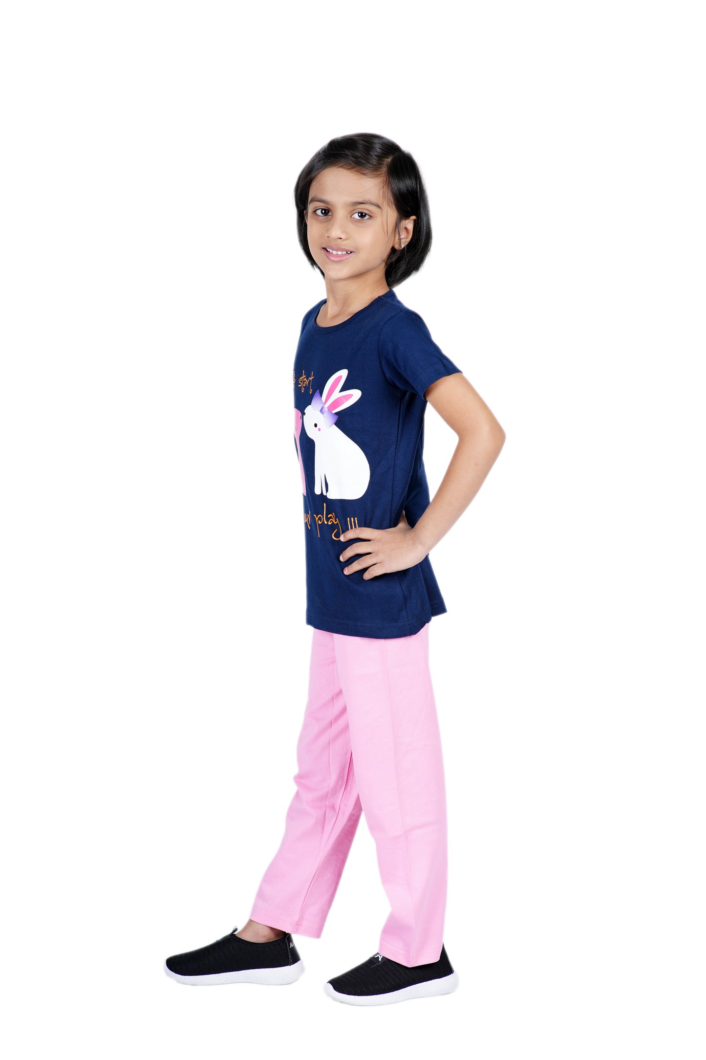 Girls Pyjama Set with Bunny Cartoon printed in Navy blue and Pink colour .