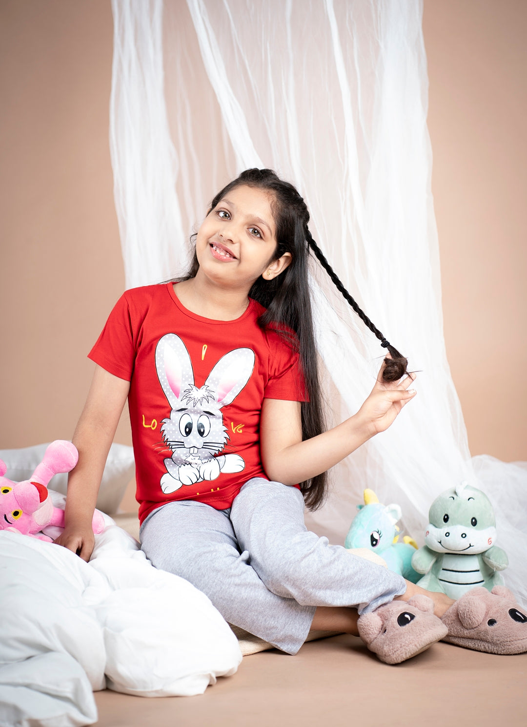 Pyjama sets for Girls Red Bunny Print and Grey Pyjama