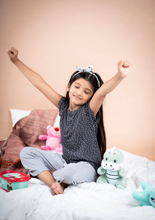 Pyjama Sets for girls in Carbon grey printed T shirt and grey  Pyjama