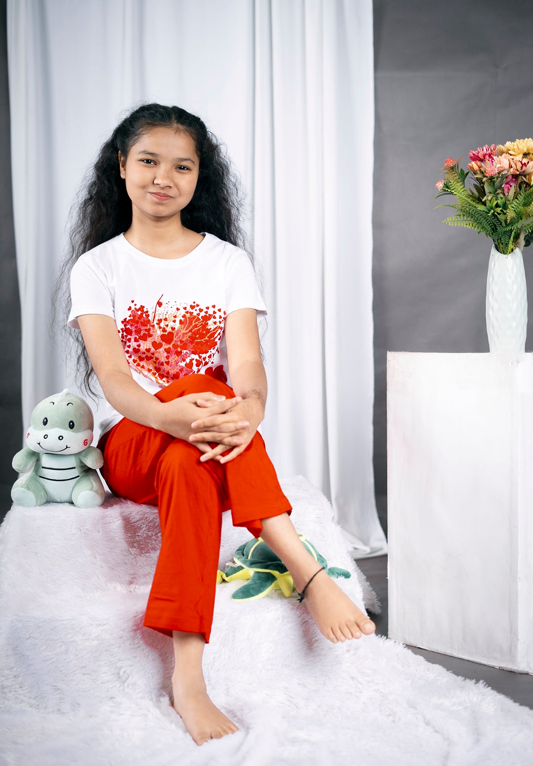 Girls Pyjama Sets in White and Red colour with floral Cycle Prints
