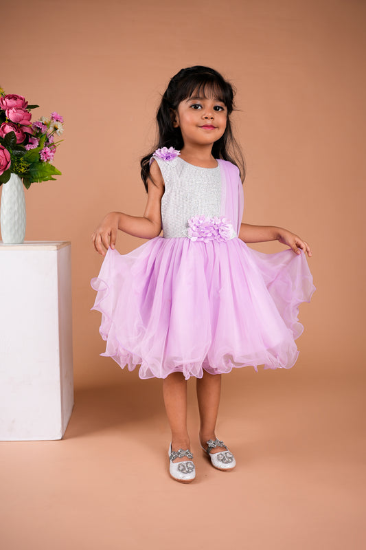 Mild Purple Frock With Silver Embelishes and Flower Embeded