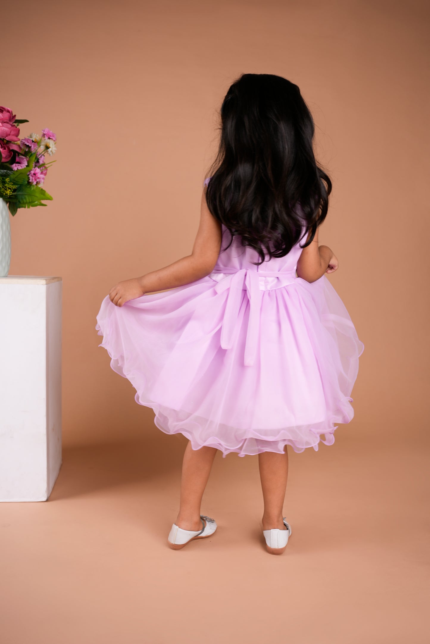 Mild Purple Frock With Silver Embelishes and Flower Embeded