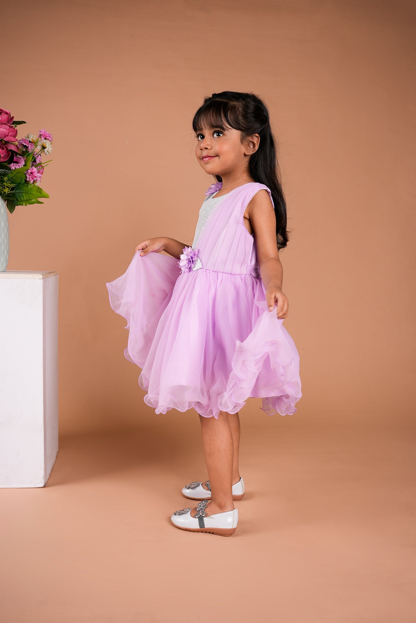 Mild Purple Frock With Silver Embelishes and Flower Embeded