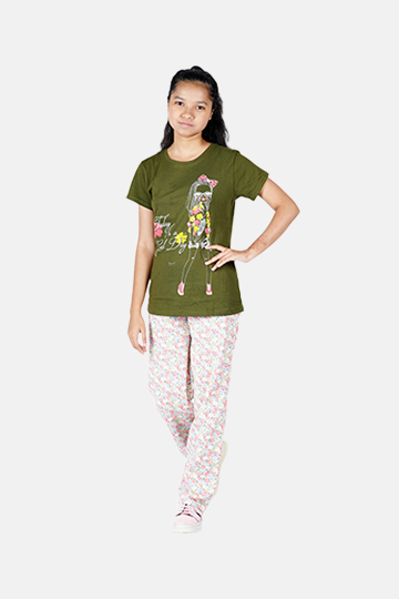 Girls cotton Pyjama Set in Bottle Green colour with printed Pyjama .