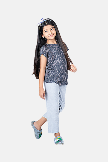Pyjama Sets for girls in Carbon grey printed T shirt and grey  Pyjama