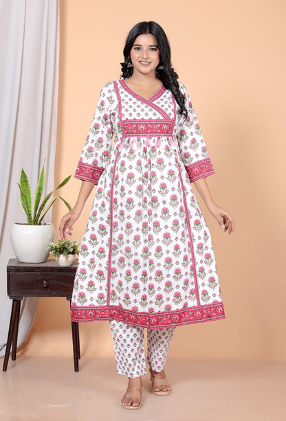 Kuruvi White Floral A-Line Kurta Set with Duppata pockets and palazzo pants