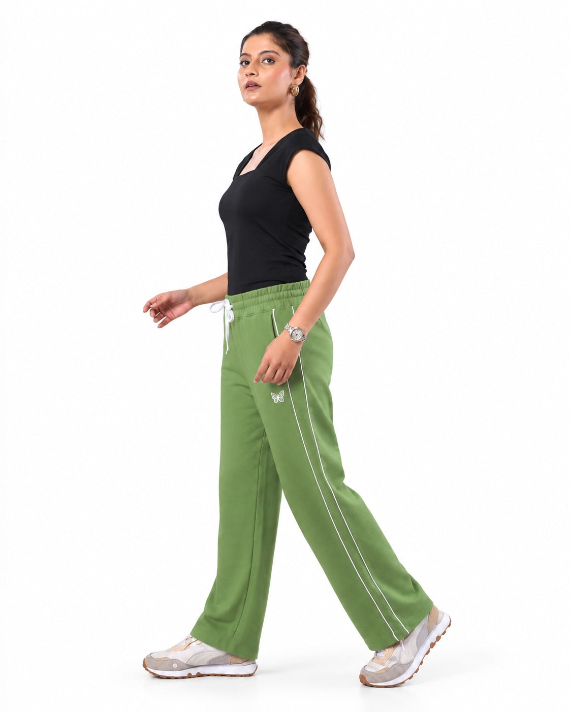 Women's Cotton Terry Track Pants | Relaxed Fit Mid Rise with Contrast Side Piping, Elastic Waist & Drawstring
