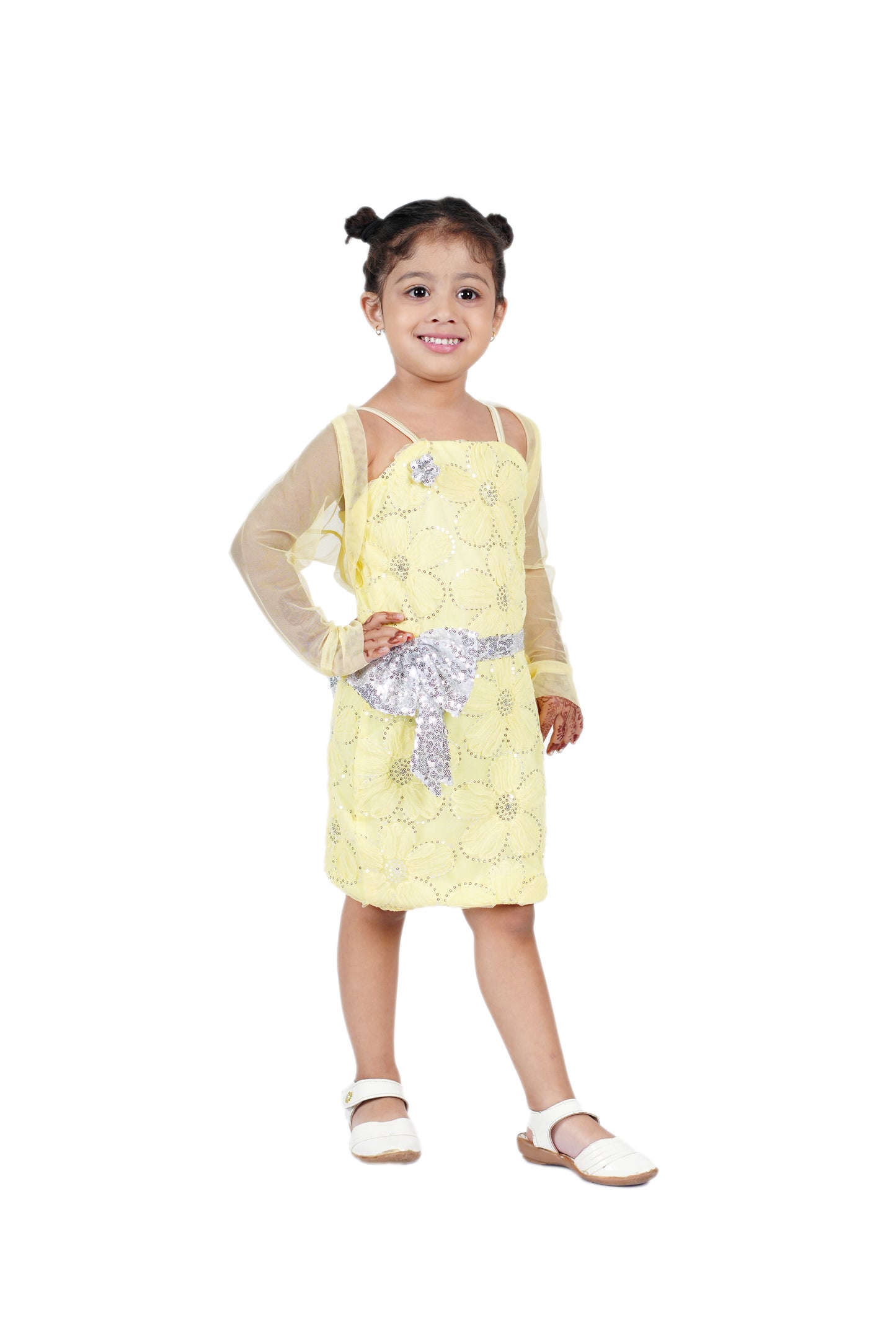 Pretty Party Wear with Net Shrug ,Sequins and Sequin Belt with Sequined Bow attached .