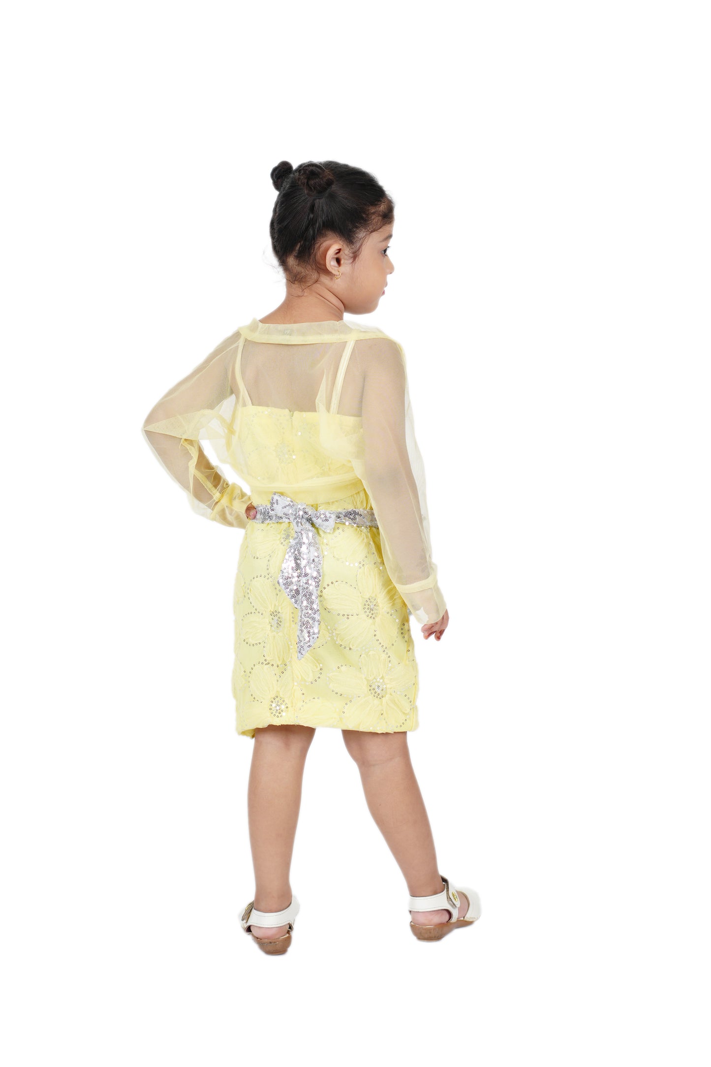 Pretty Party Wear with Net Shrug ,Sequins and Sequin Belt with Sequined Bow attached .
