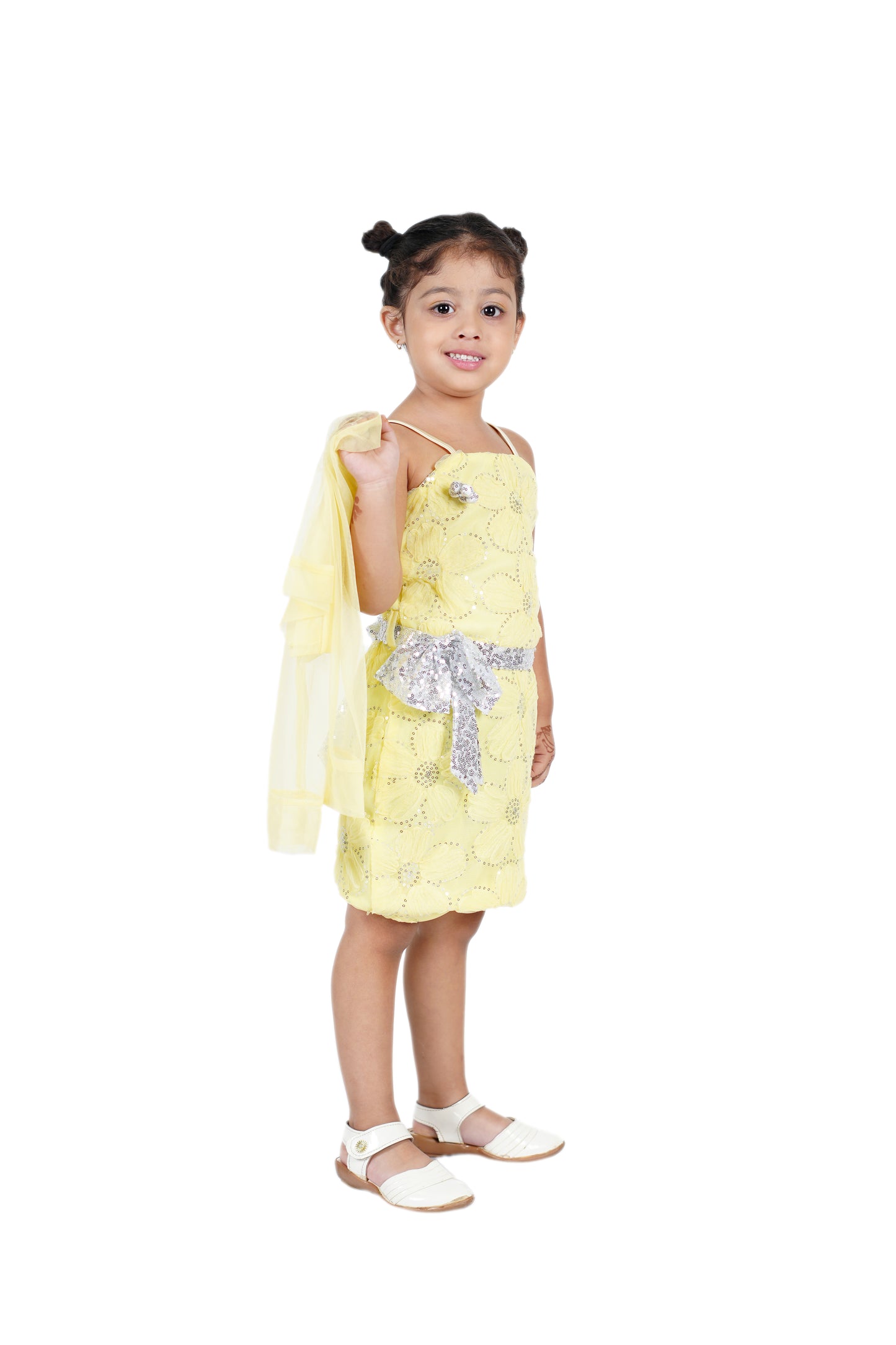 Pretty Party Wear with Net Shrug ,Sequins and Sequin Belt with Sequined Bow attached .