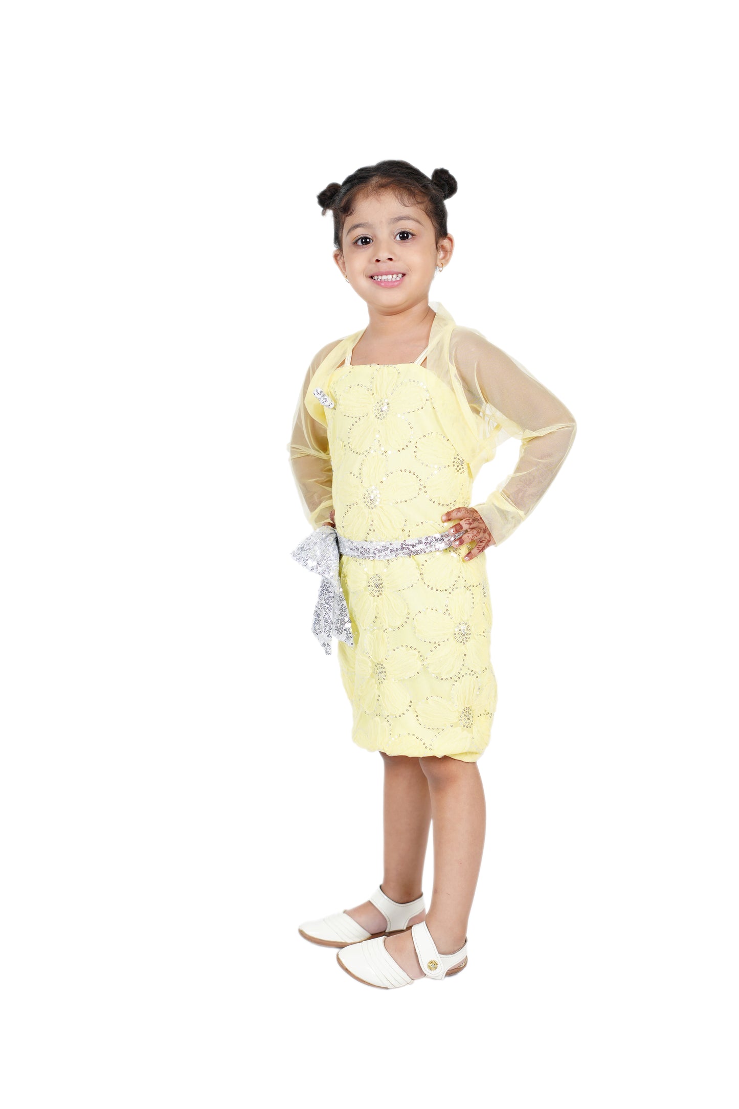 Pretty Party Wear with Net Shrug ,Sequins and Sequin Belt with Sequined Bow attached .