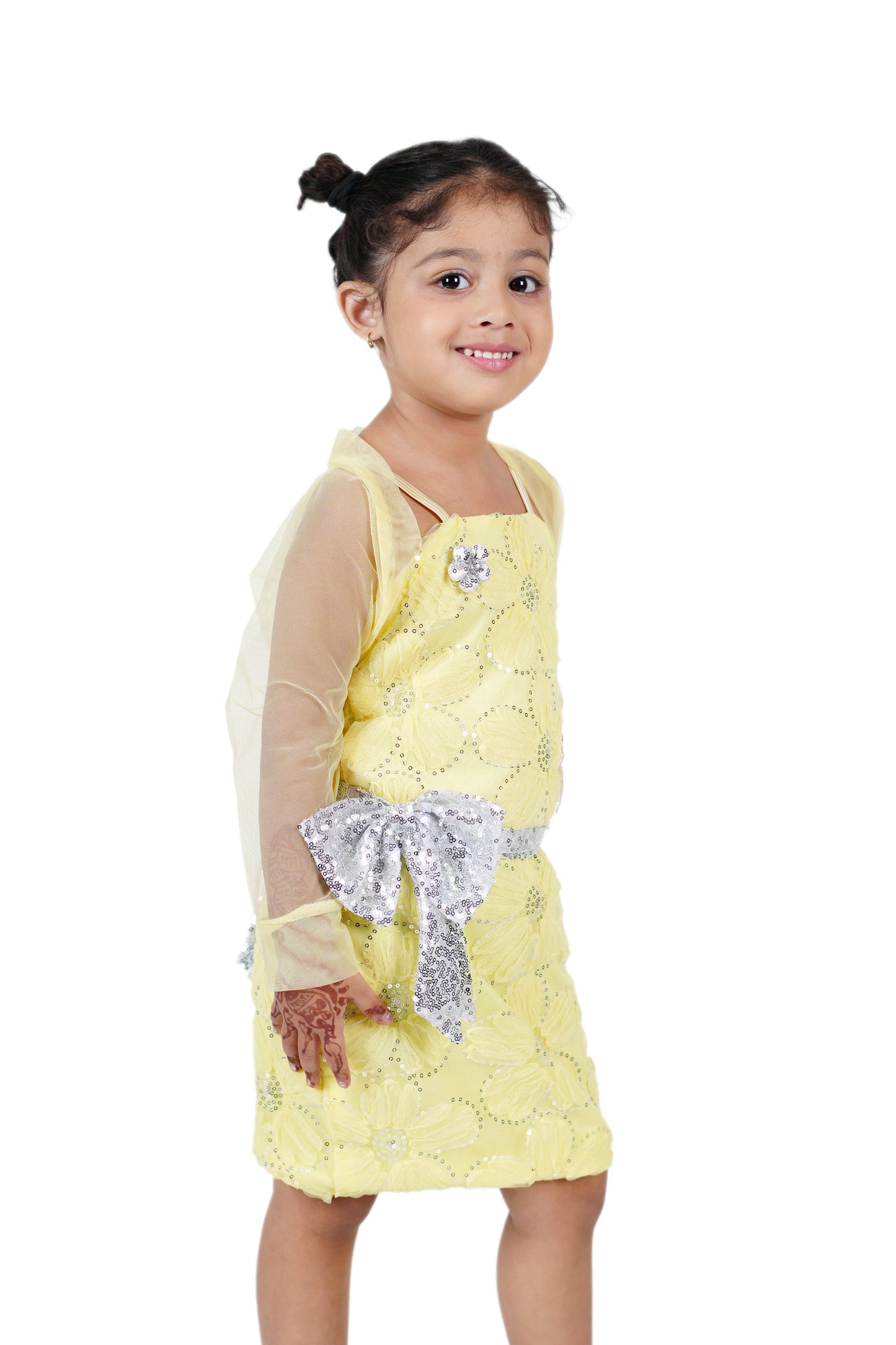 Pretty Party Wear with Net Shrug ,Sequins and Sequin Belt with Sequined Bow attached .