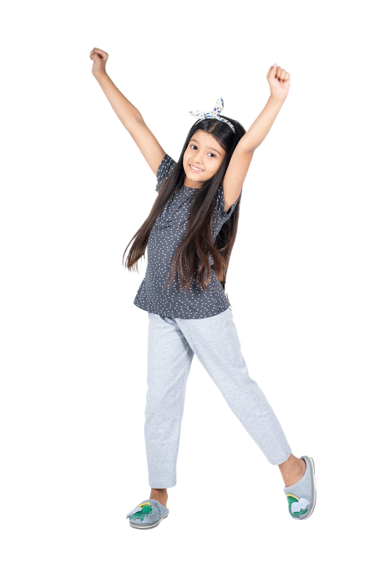 Pyjama Sets for girls in Carbon grey printed T shirt and grey  Pyjama