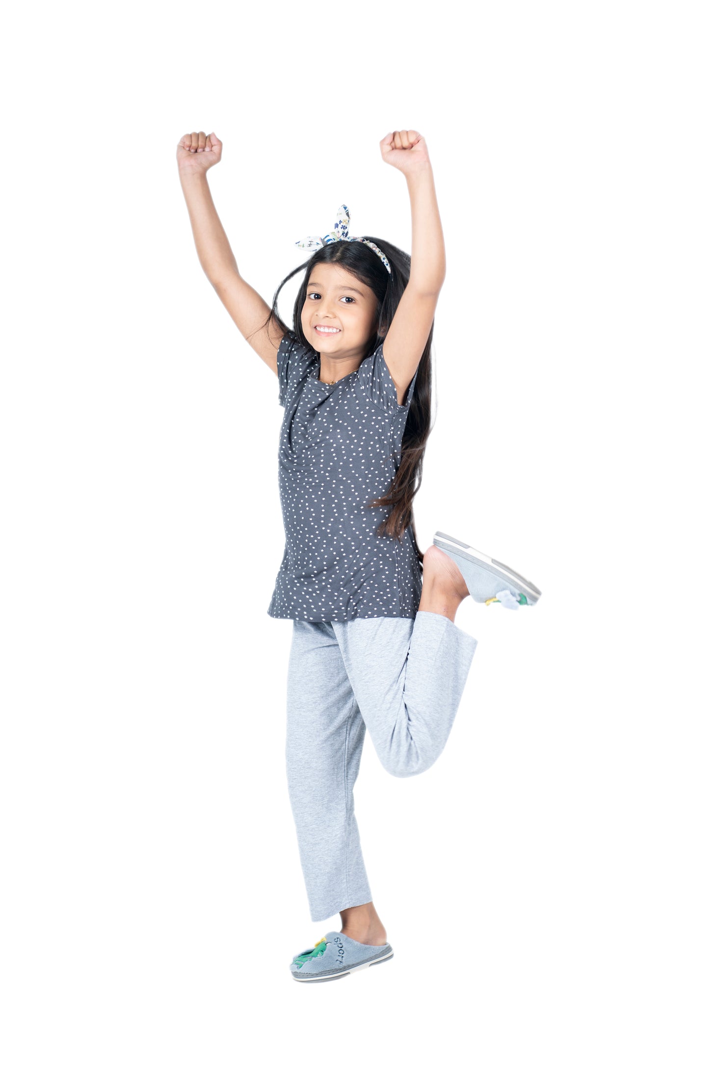 Pyjama Sets for girls in Carbon grey printed T shirt and grey  Pyjama
