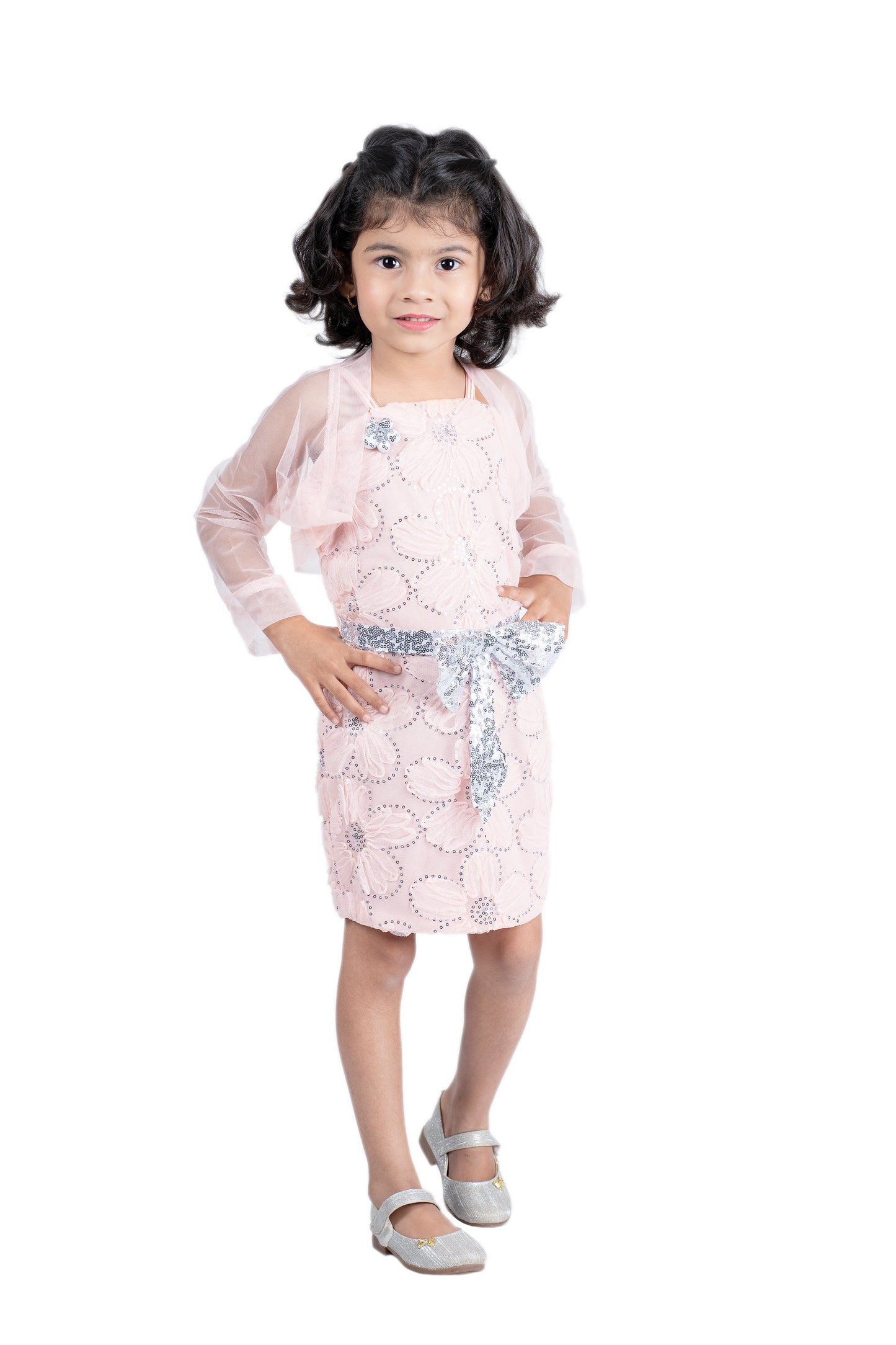 Pretty Party Wear with Net Shrug ,Sequins and Sequin Belt with Sequined Bow attached .