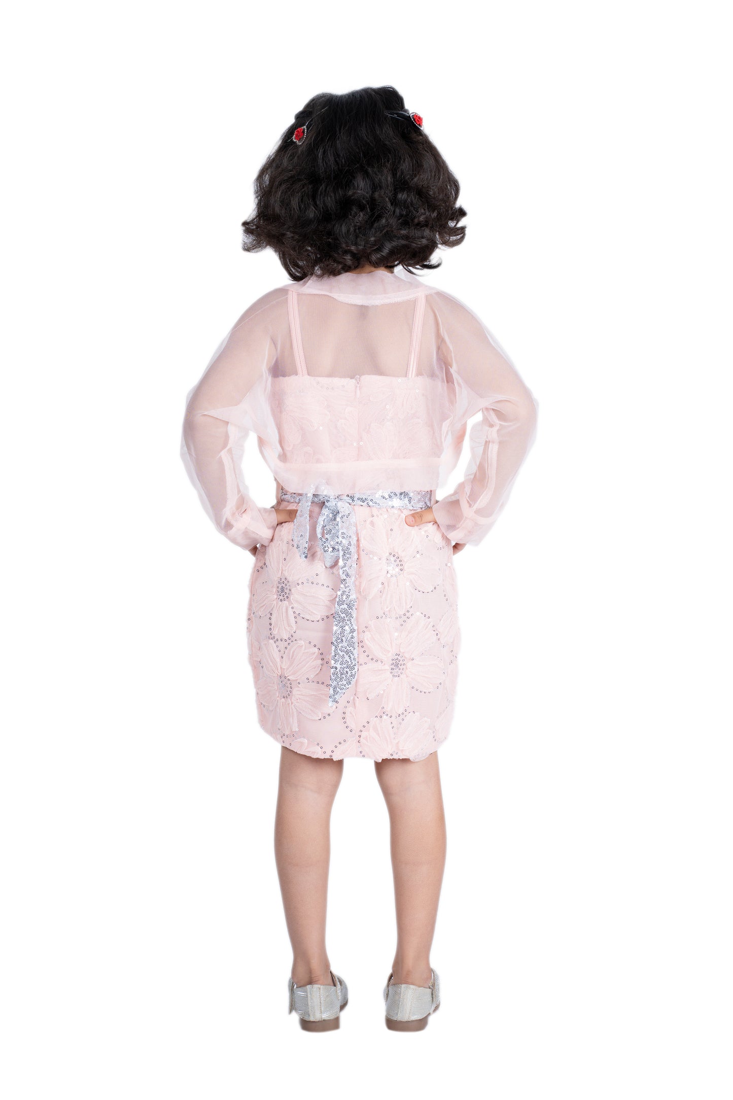 Pretty Party Wear with Net Shrug ,Sequins and Sequin Belt with Sequined Bow attached .