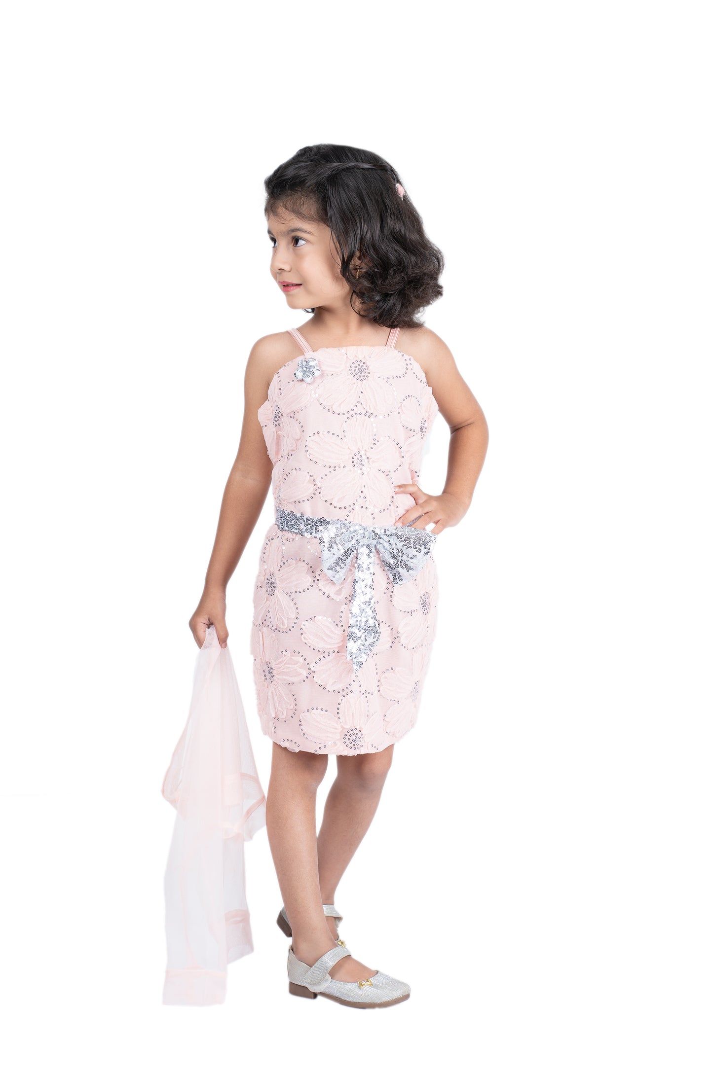 Pretty Party Wear with Net Shrug ,Sequins and Sequin Belt with Sequined Bow attached .