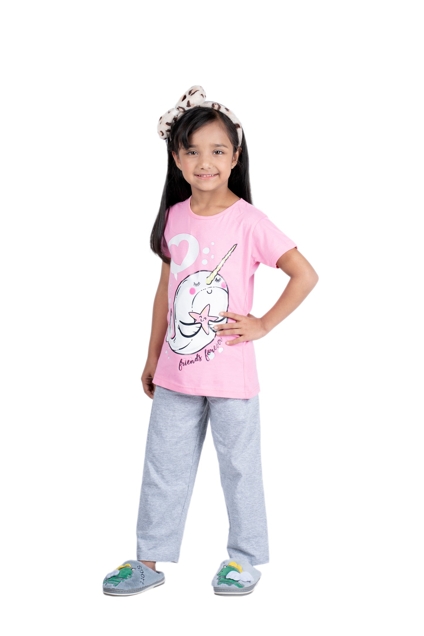 Girls Pyjama Set in Baby pink colour with Cartoon Print