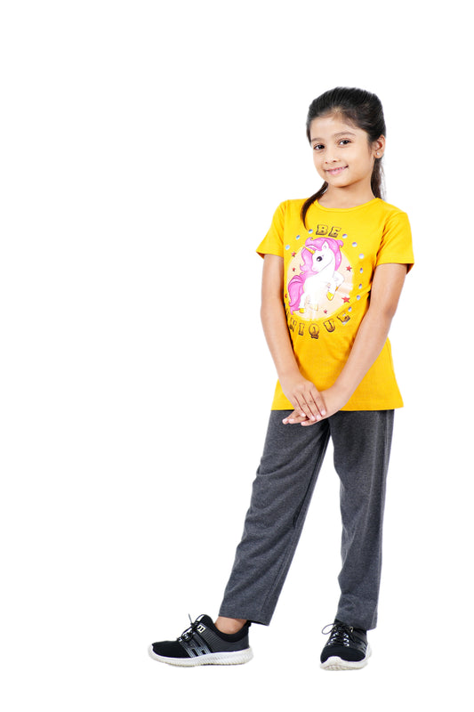 Girls Pyjama Set in Mustard yellow and dark Grey colour with unicorn print