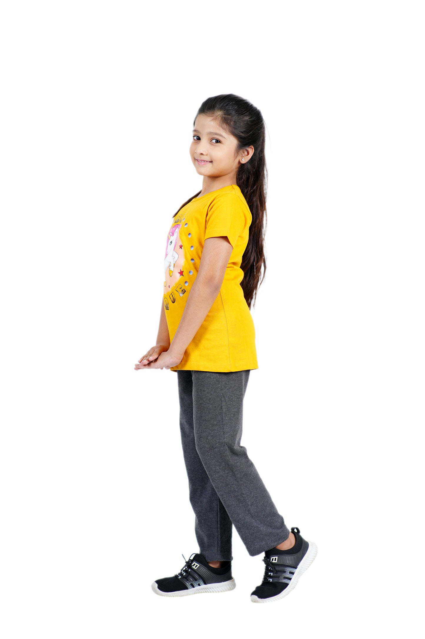 Girls Pyjama Set in Mustard yellow and dark Grey colour with unicorn print