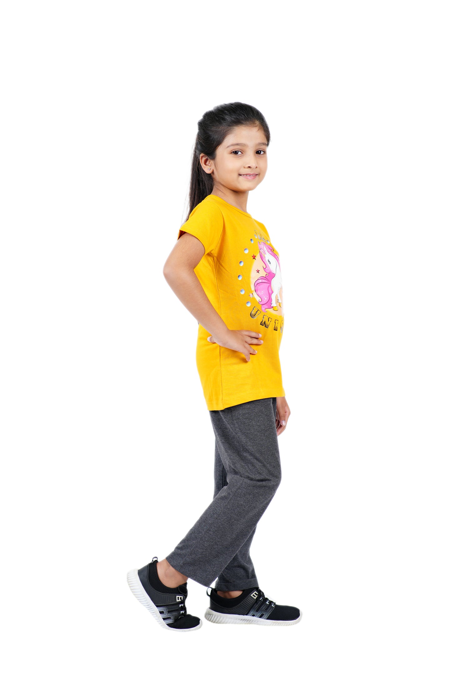 Girls Pyjama Set in Mustard yellow and dark Grey colour with unicorn print