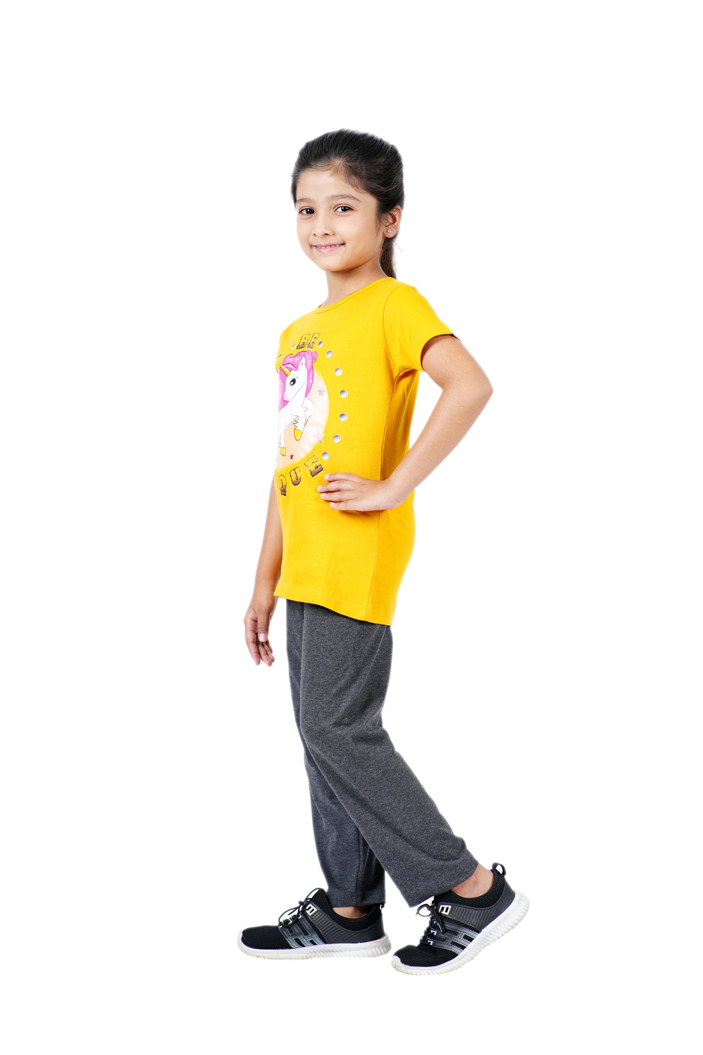 Girls Pyjama Set in Mustard yellow and dark Grey colour with unicorn print