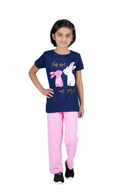 Girls Pyjama Set with Bunny Cartoon printed in Navy blue and Pink colour .