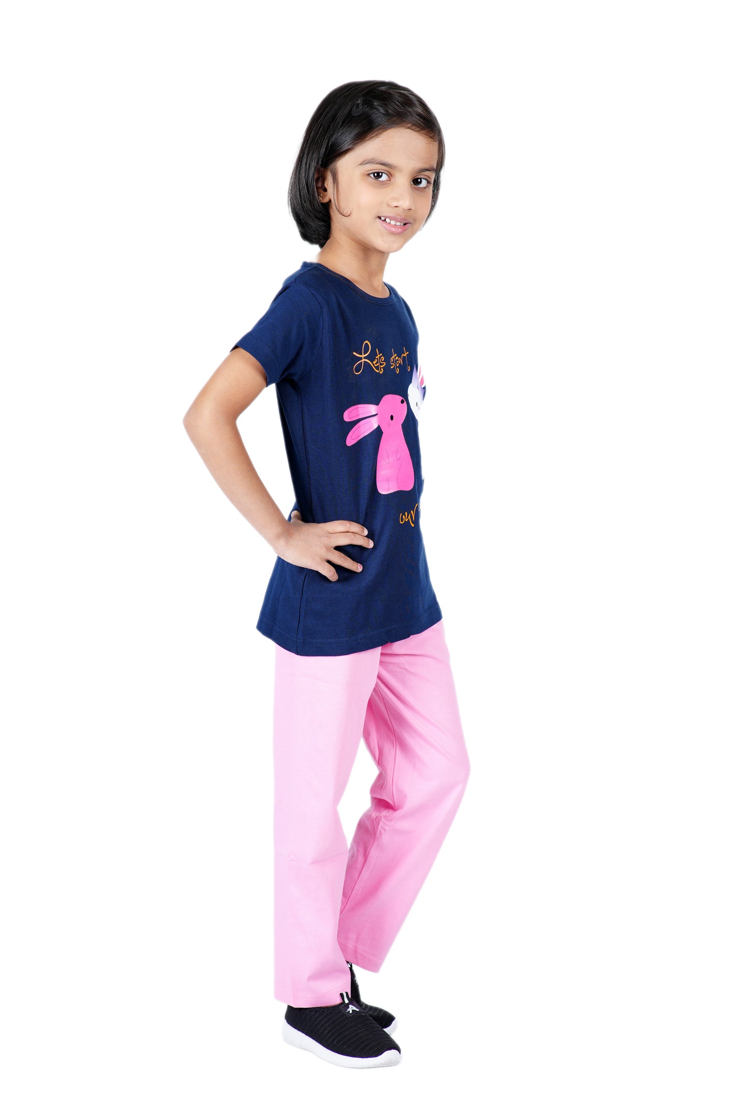 Girls Pyjama Set with Bunny Cartoon printed in Navy blue and Pink colour .