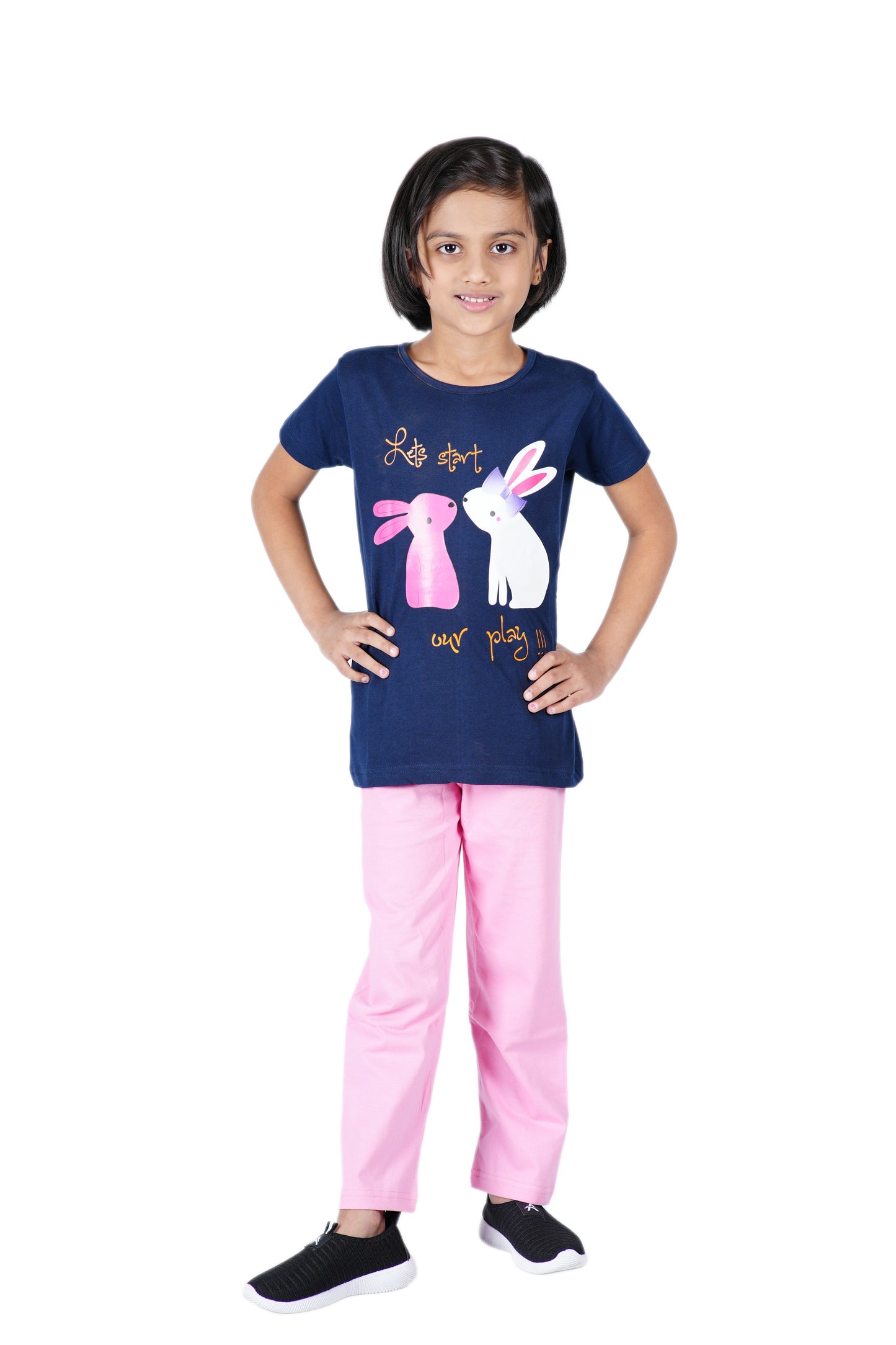 Girls Pyjama Set with Bunny Cartoon printed in Navy blue and Pink colour .