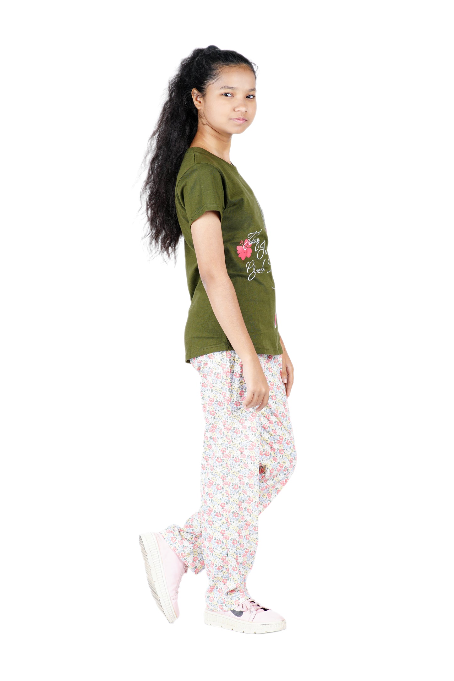 Girls cotton Pyjama Set in Bottle Green colour with printed Pyjama .