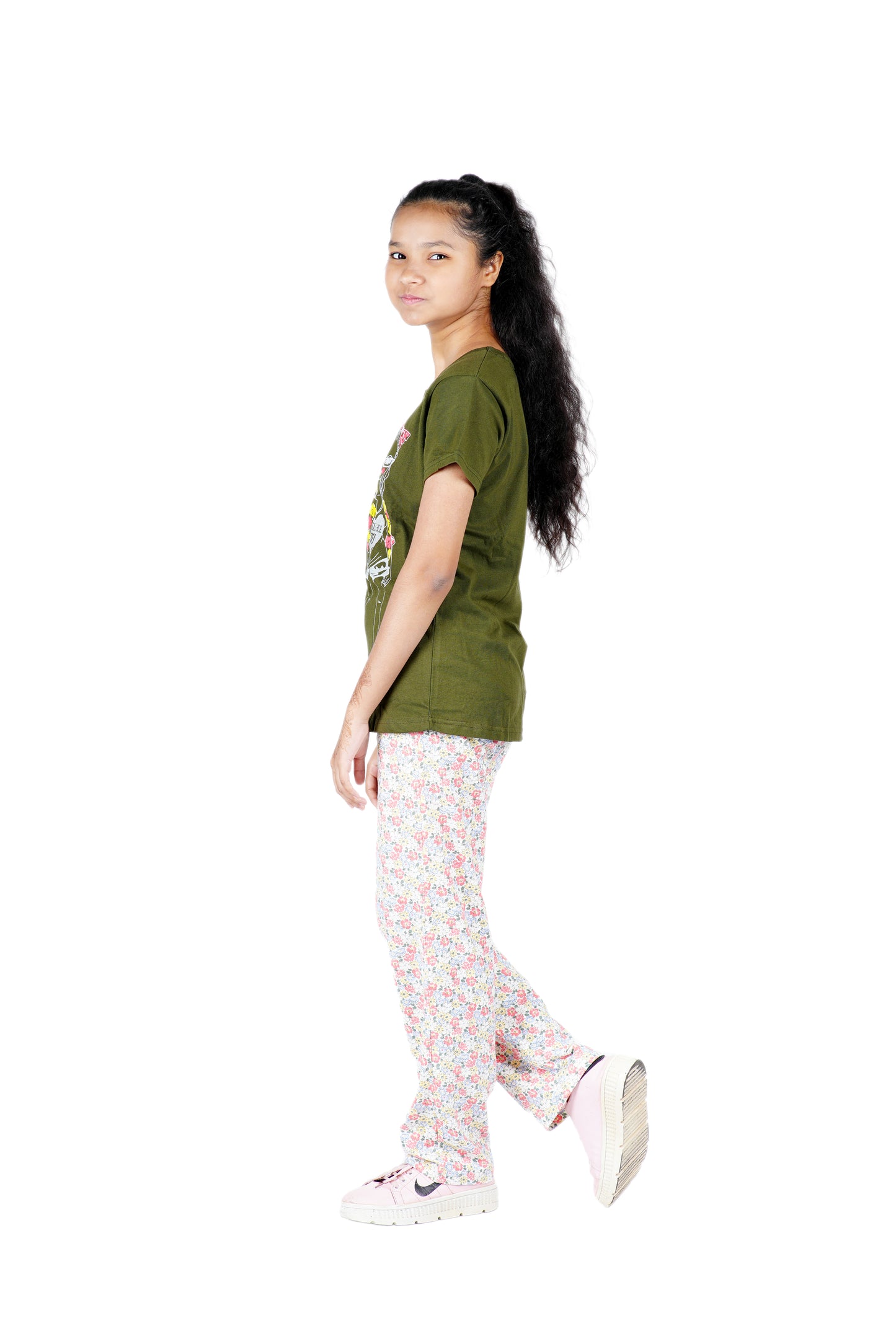 Girls cotton Pyjama Set in Bottle Green colour with printed Pyjama .
