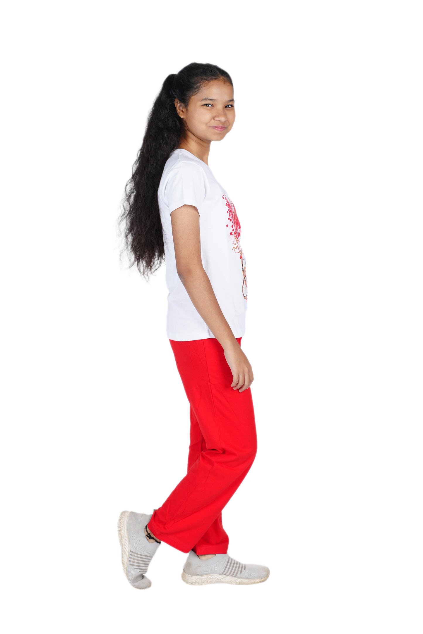 Girls Pyjama Sets in White and Red colour with floral Cycle Prints