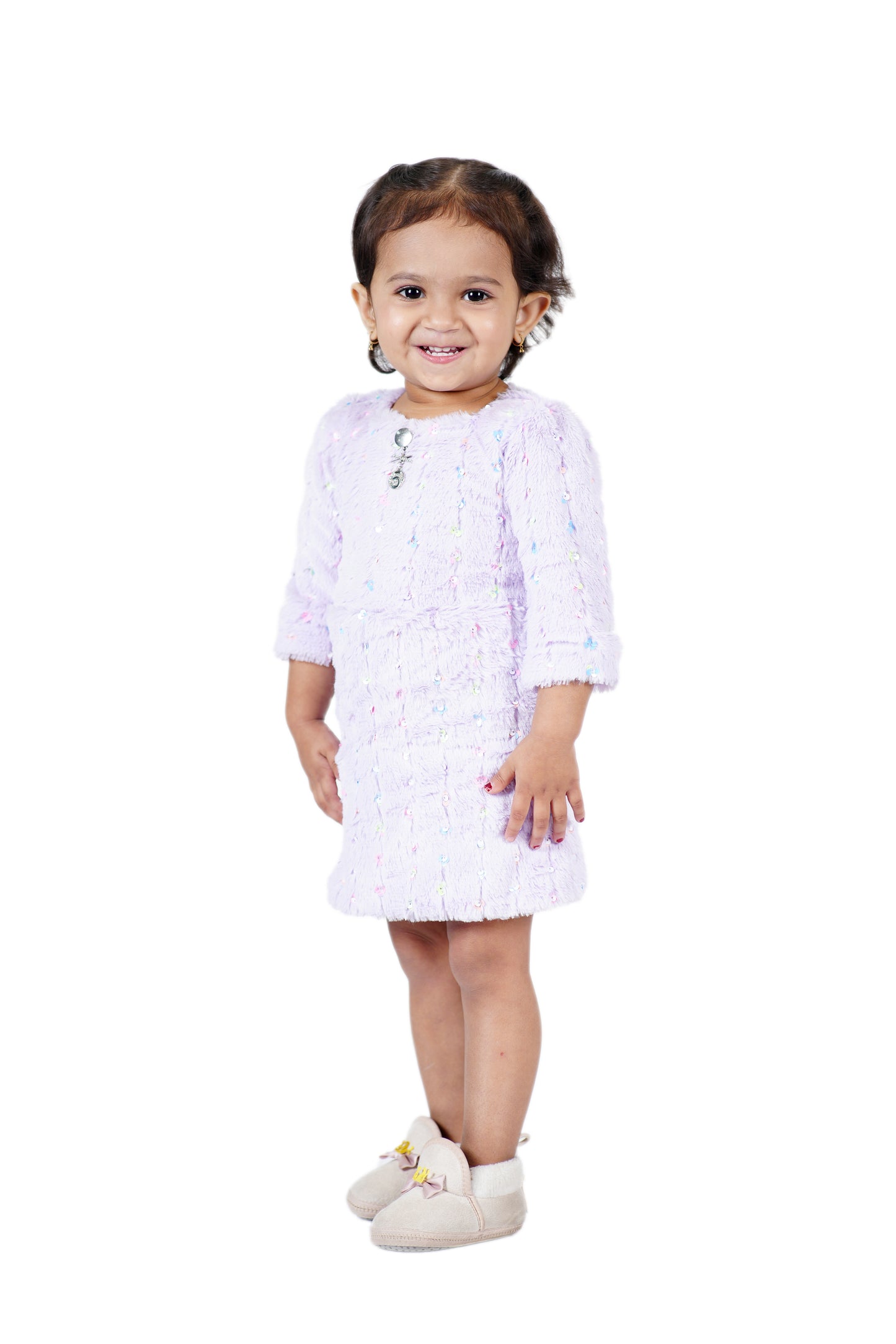 One Piece Dress Fur Finish with 3/4 th sleeves and  a stylish belt to add on