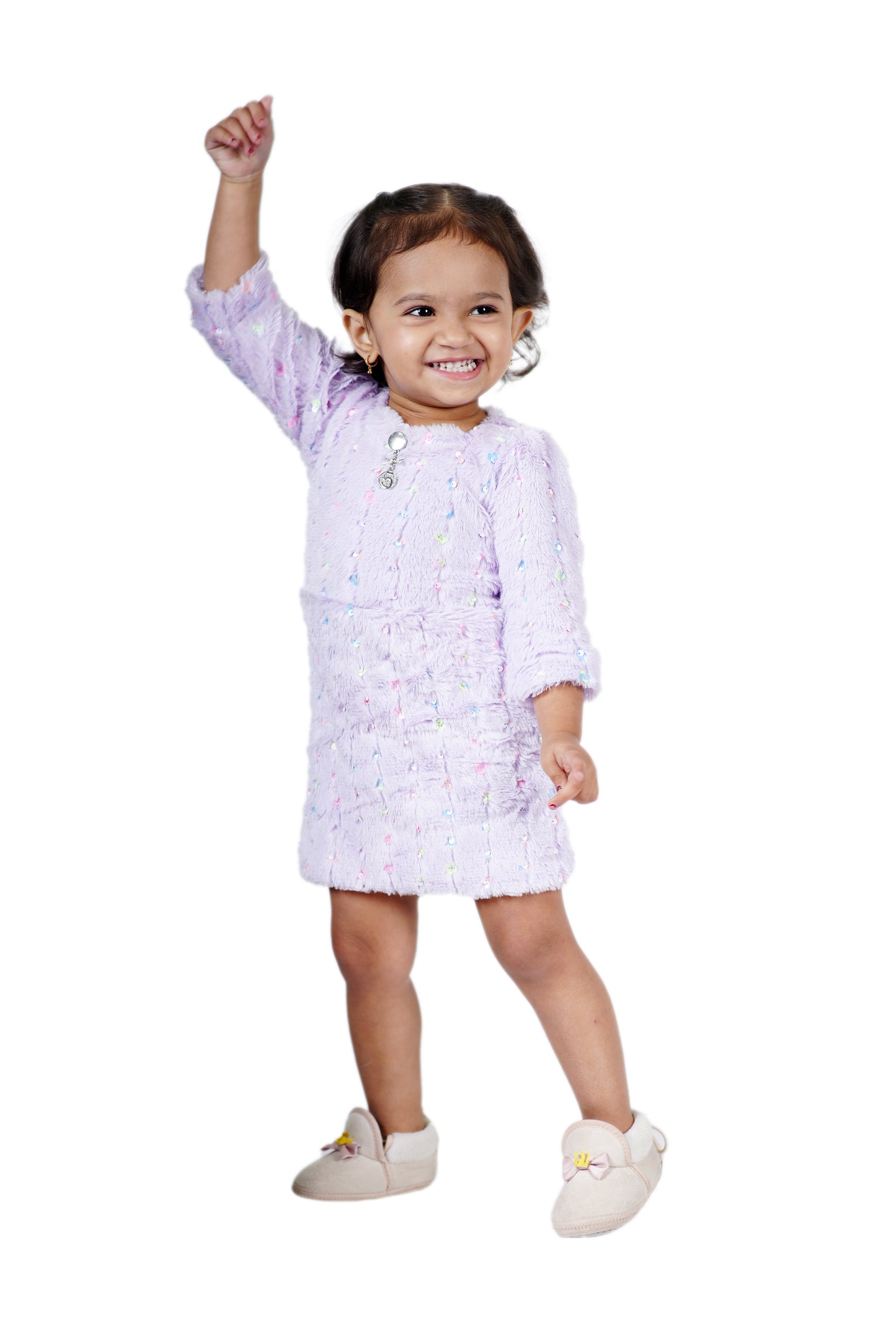 One Piece Dress Fur Finish with 3/4 th sleeves and  a stylish belt to add on
